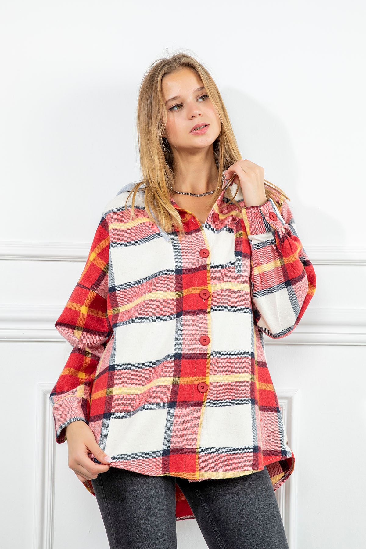 Kapşonlu Ekose Gömlek-Kırmızı