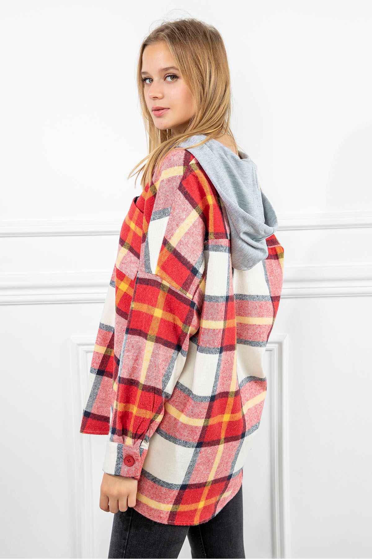 Kapşonlu Ekose Gömlek-Kırmızı