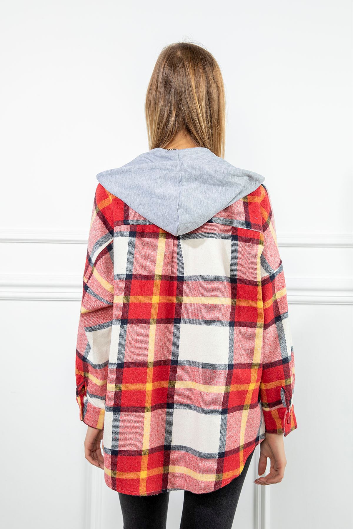 Kapşonlu Ekose Gömlek-Kırmızı