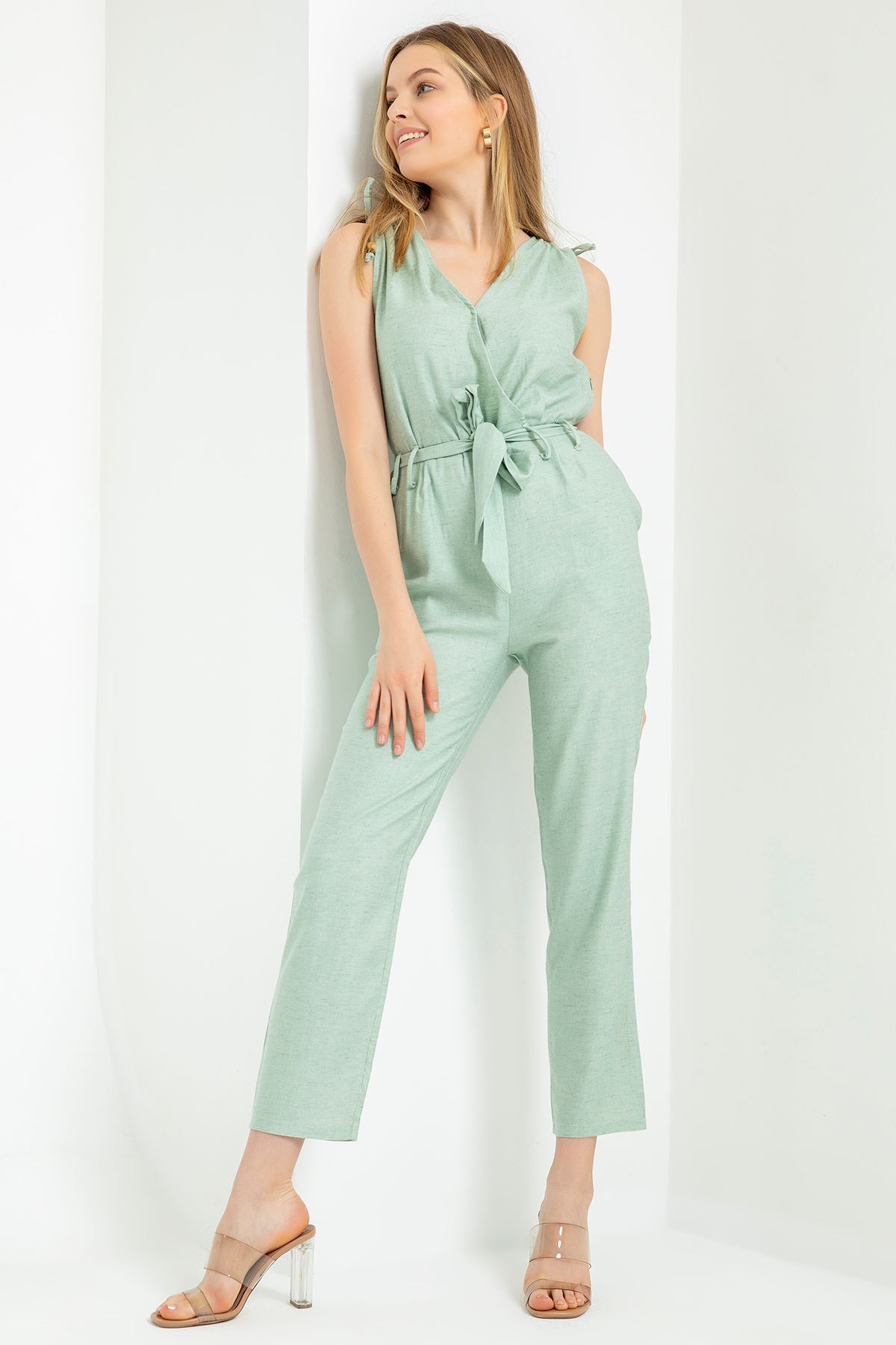 Kruvaze Yaka Beli Kuşaklı Tulum-Mint