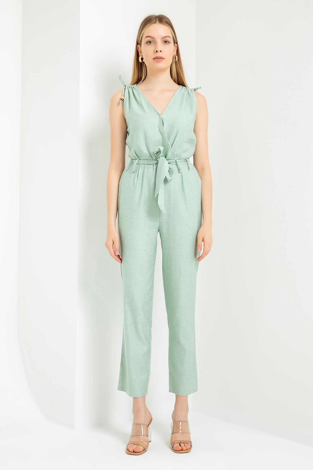 Kruvaze Yaka Beli Kuşaklı Tulum-Mint