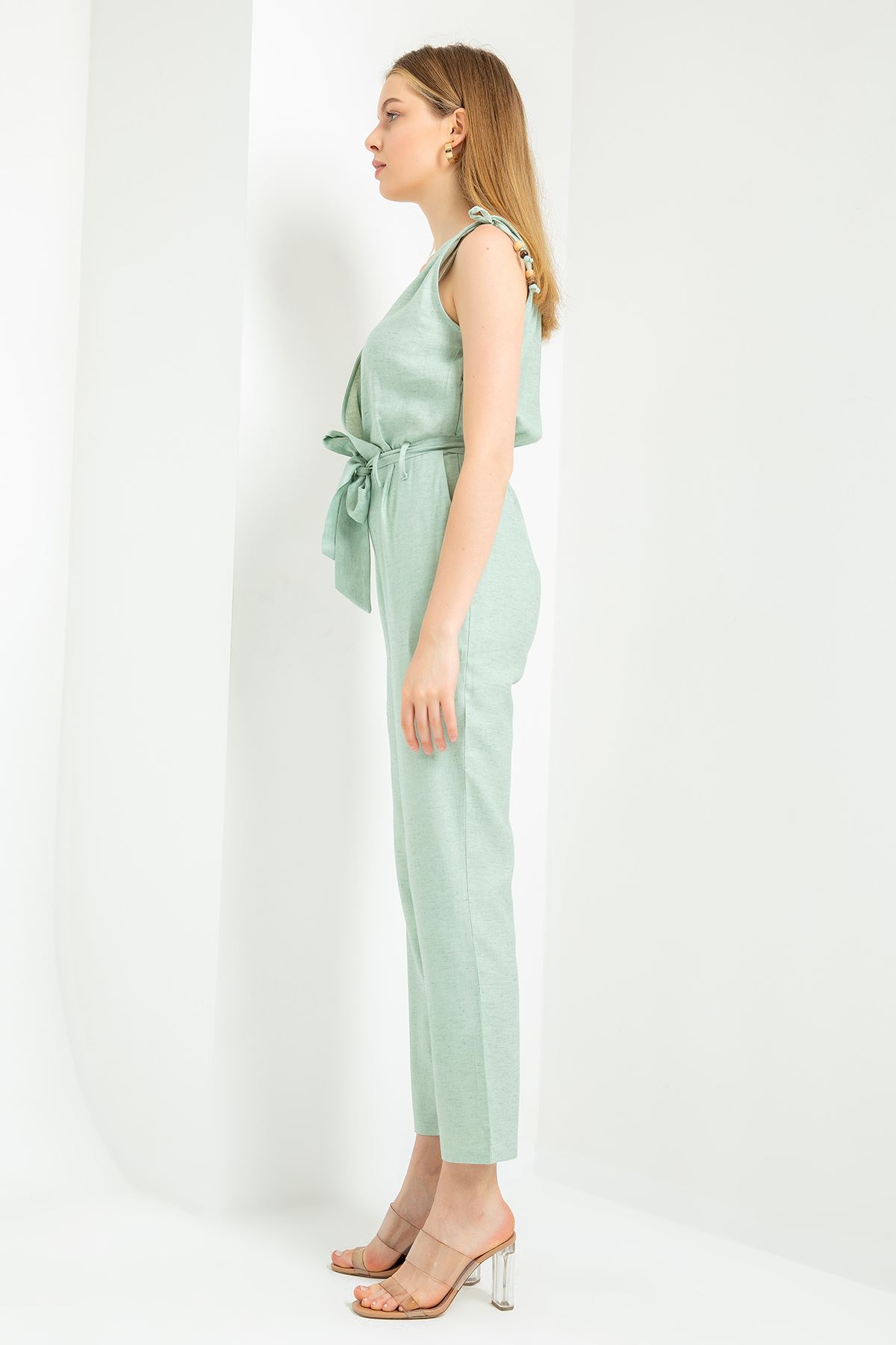 Kruvaze Yaka Beli Kuşaklı Tulum-Mint