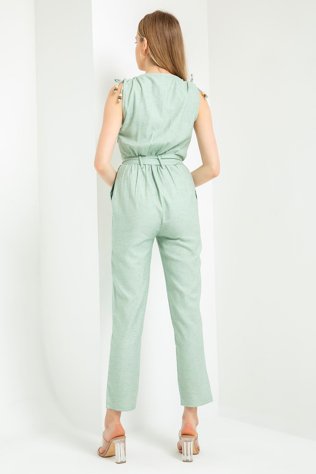 Kruvaze Yaka Beli Kuşaklı Tulum-Mint