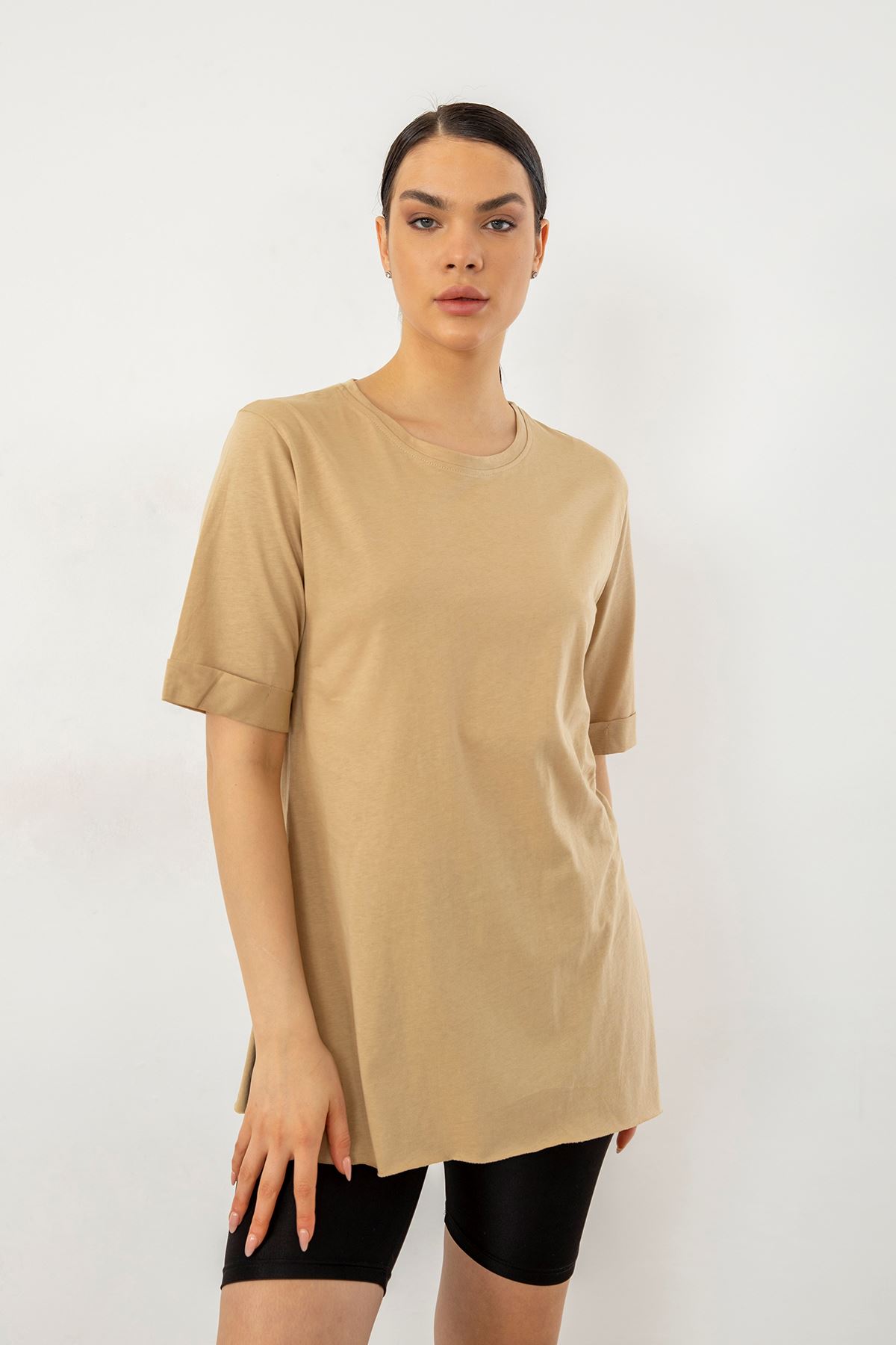 Bisiklet Yaka Salaş T-shirt-Bej