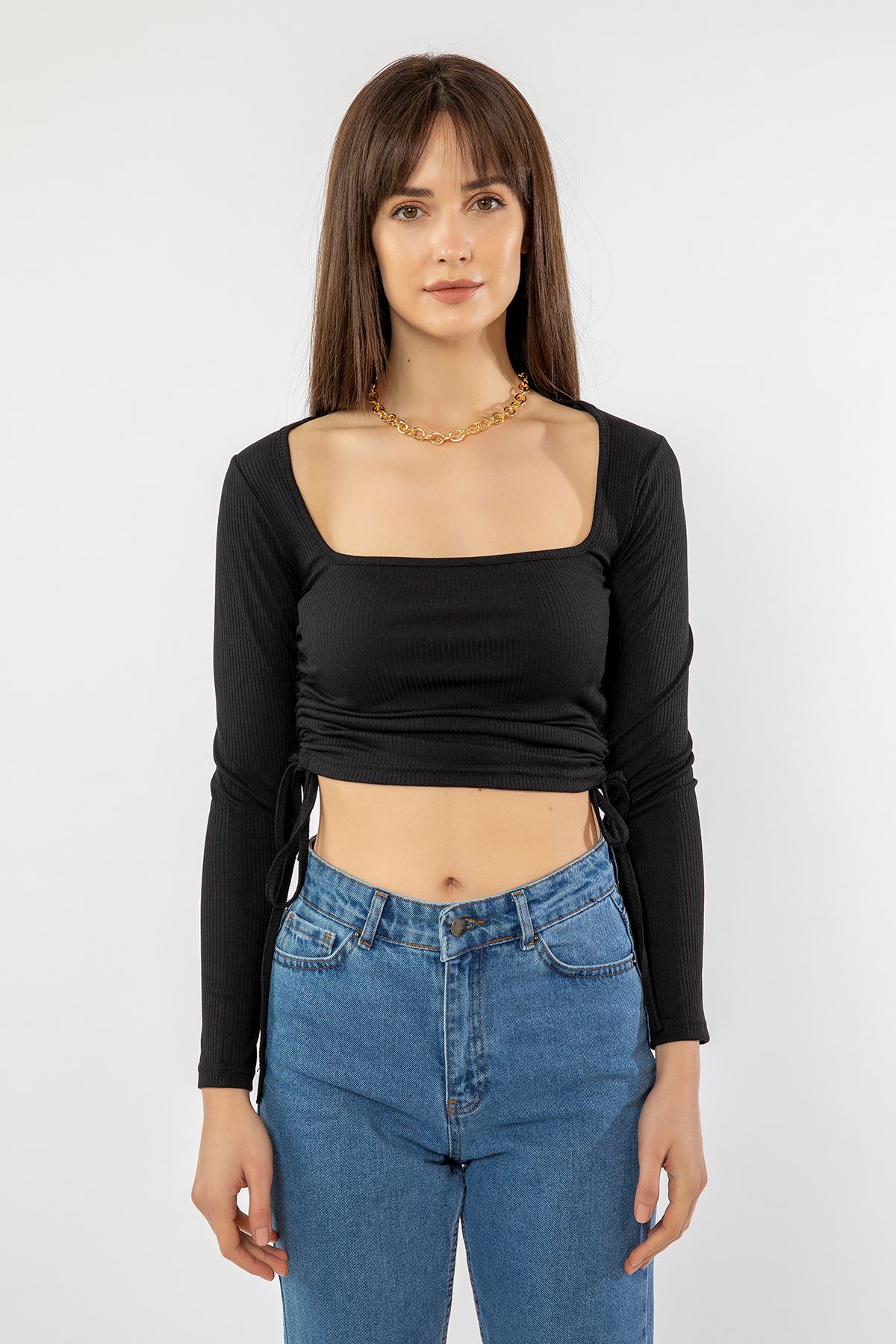 Kare Yaka Kaşkorse Bluz-Siyah