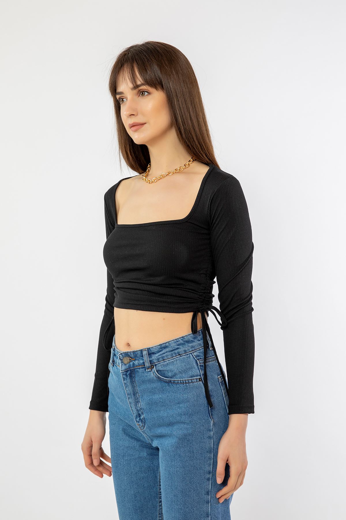 Kare Yaka Kaşkorse Bluz-Siyah