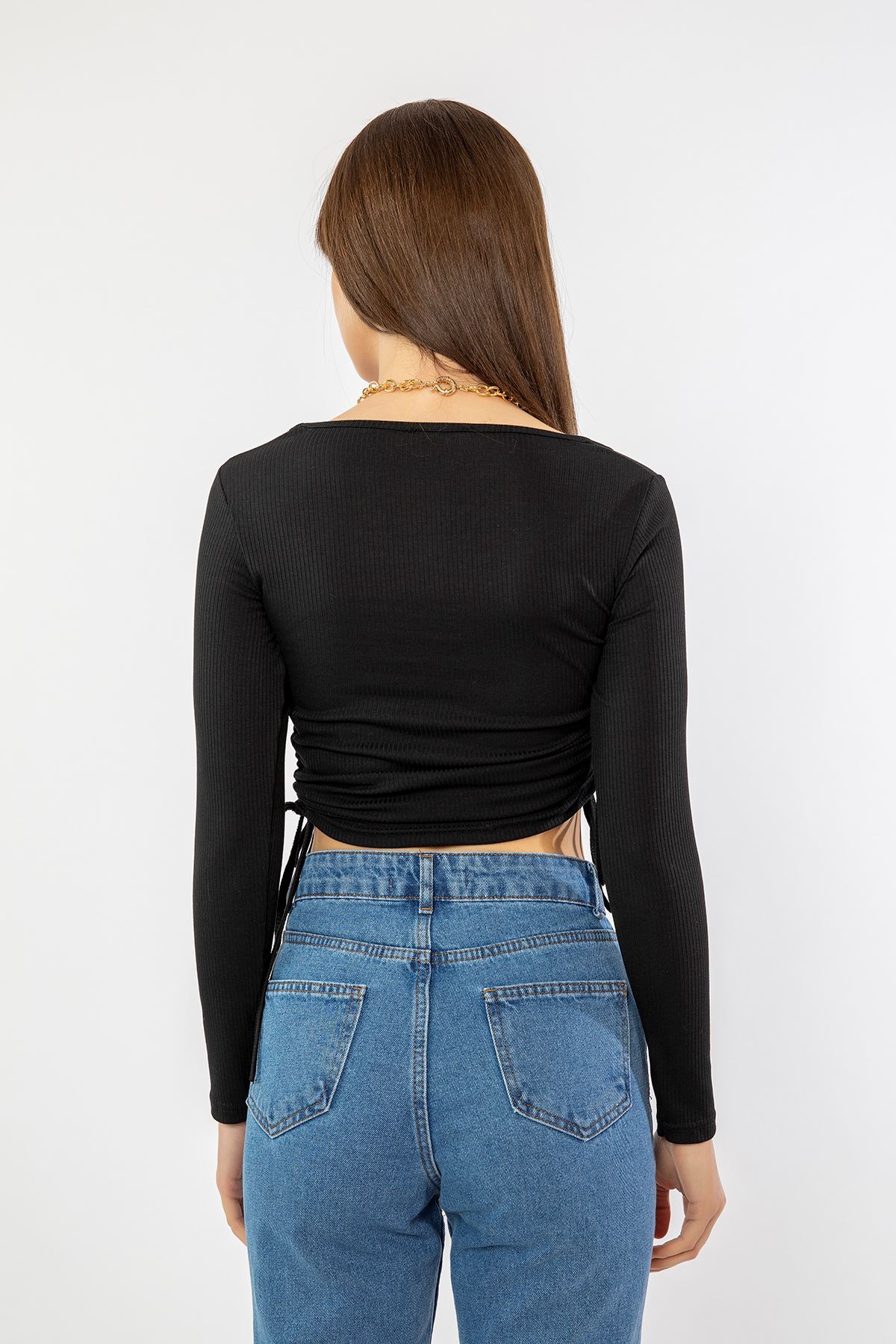 Kare Yaka Kaşkorse Bluz-Siyah