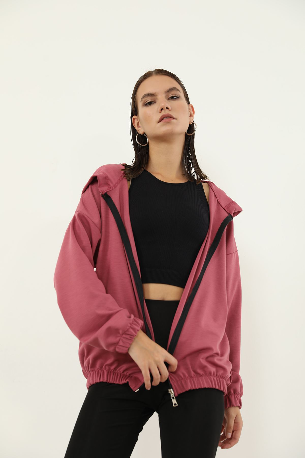 Fermuarlı Sweatshirt-Gül Kurusu