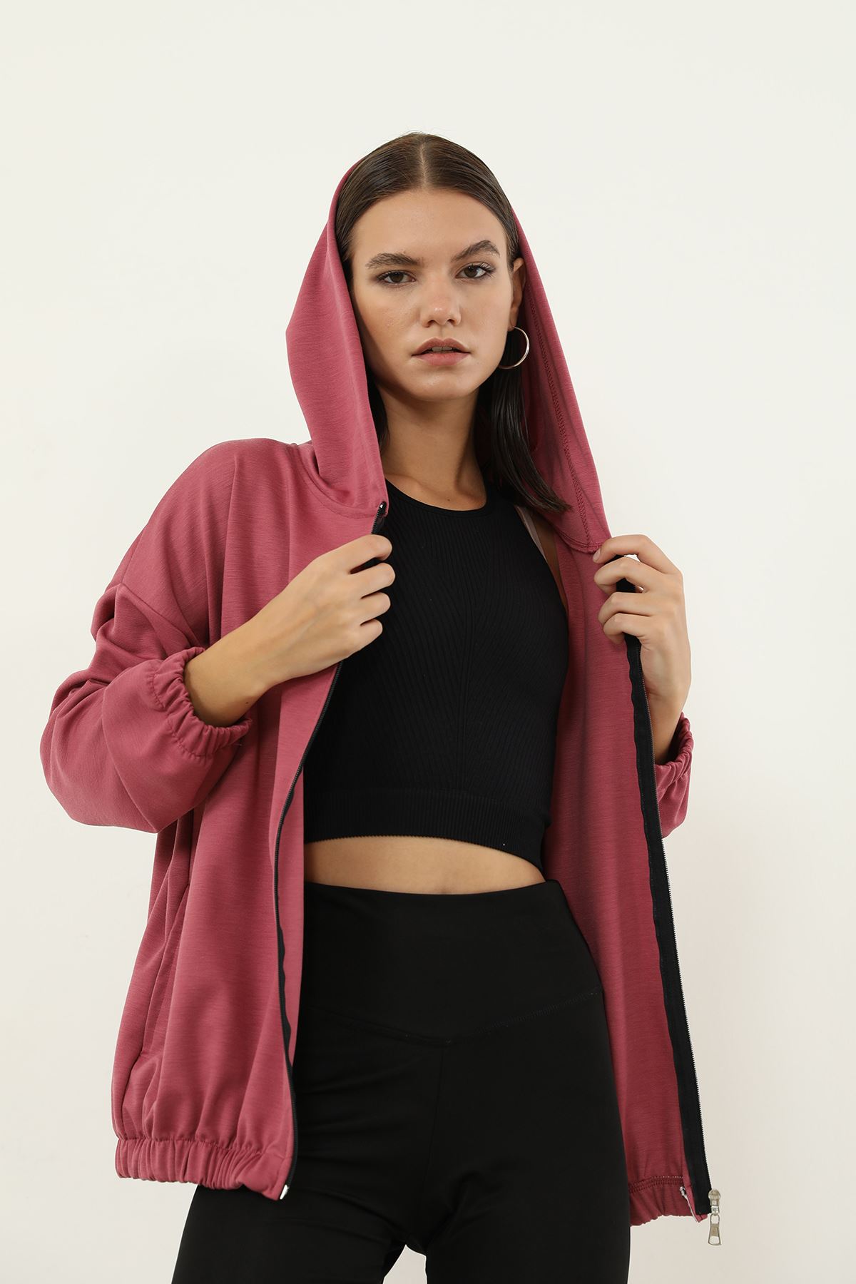 Fermuarlı Sweatshirt-Gül Kurusu