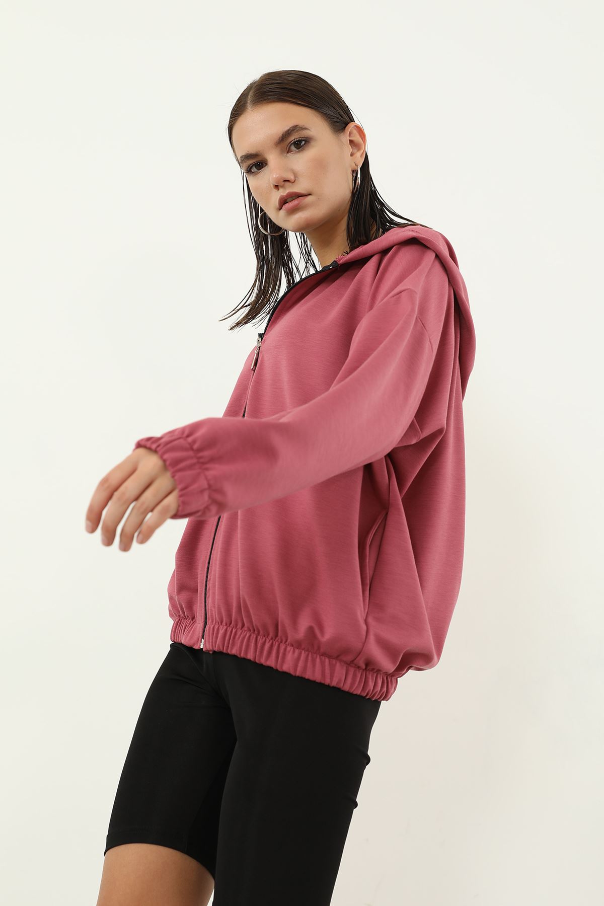 Fermuarlı Sweatshirt-Gül Kurusu