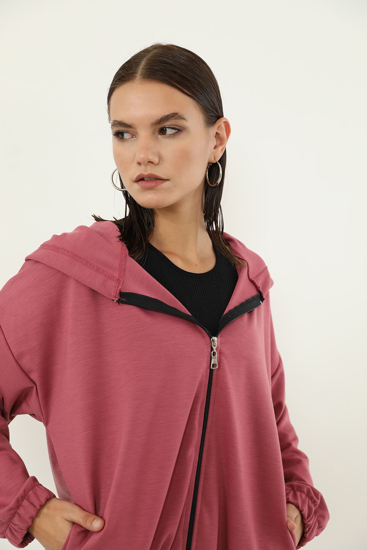 Fermuarlı Sweatshirt-Gül Kurusu
