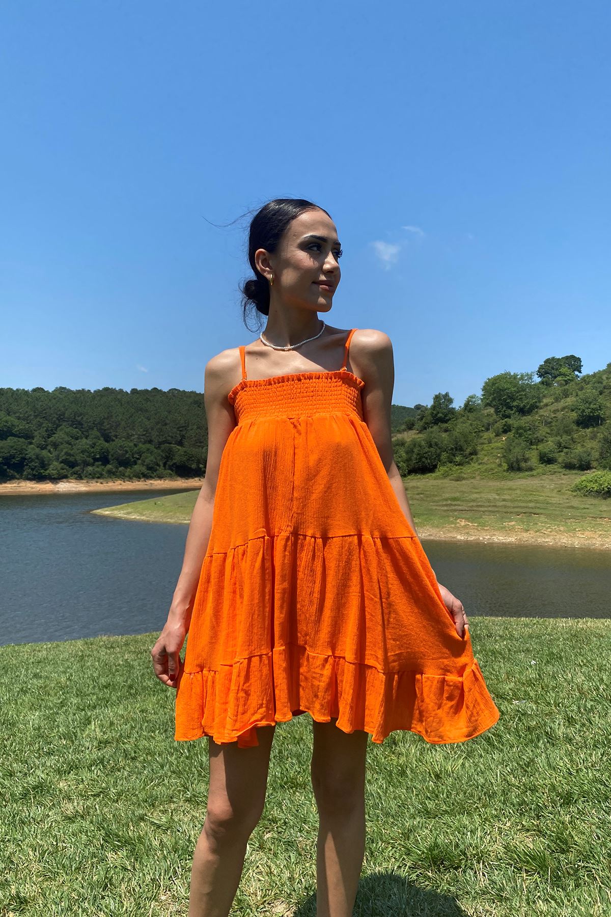 Gipeli Askılı Elbise-Oranj
