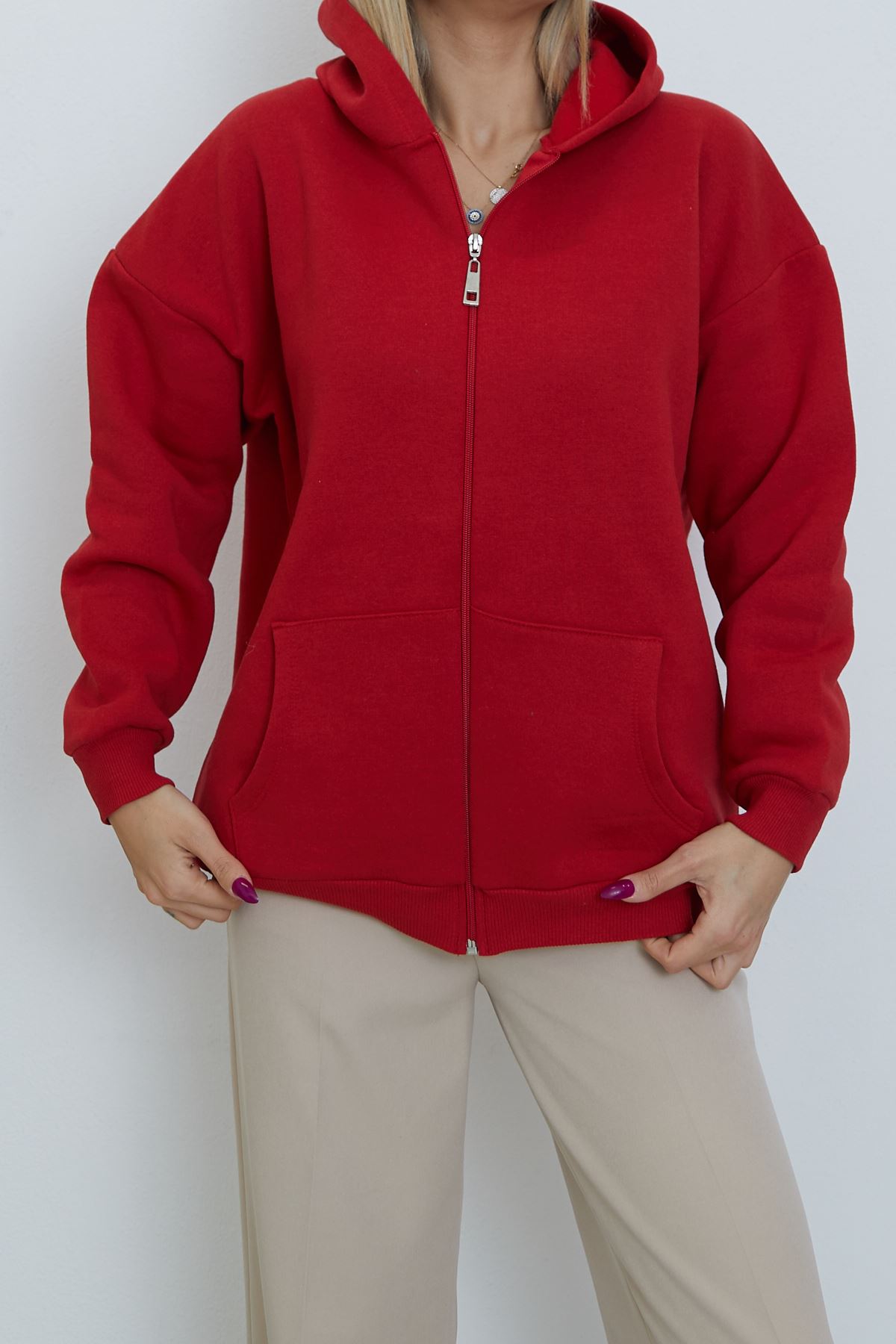 Ön Fermuarlı Kapşonlu Sweatshirt Hırka-Kırmızı