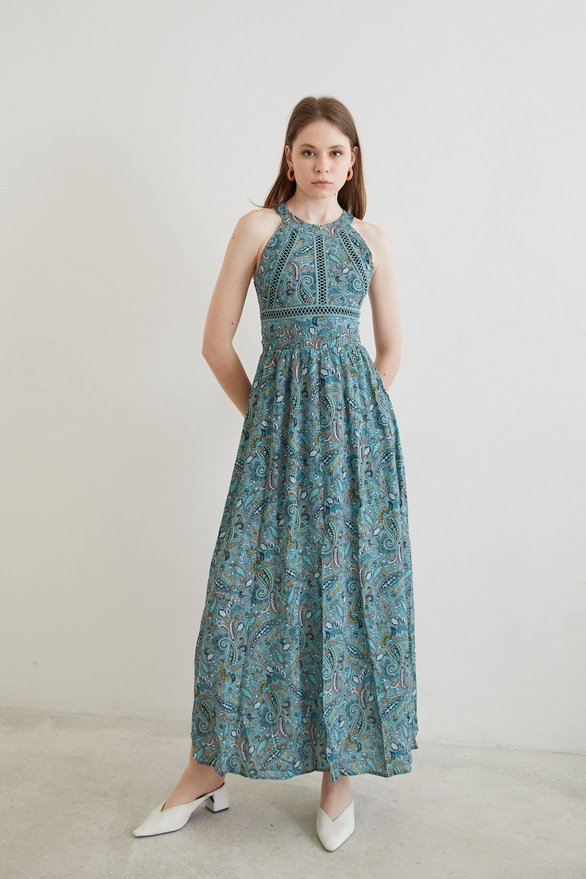 Şal Desen Yırtmaçlı Elbise-Mint