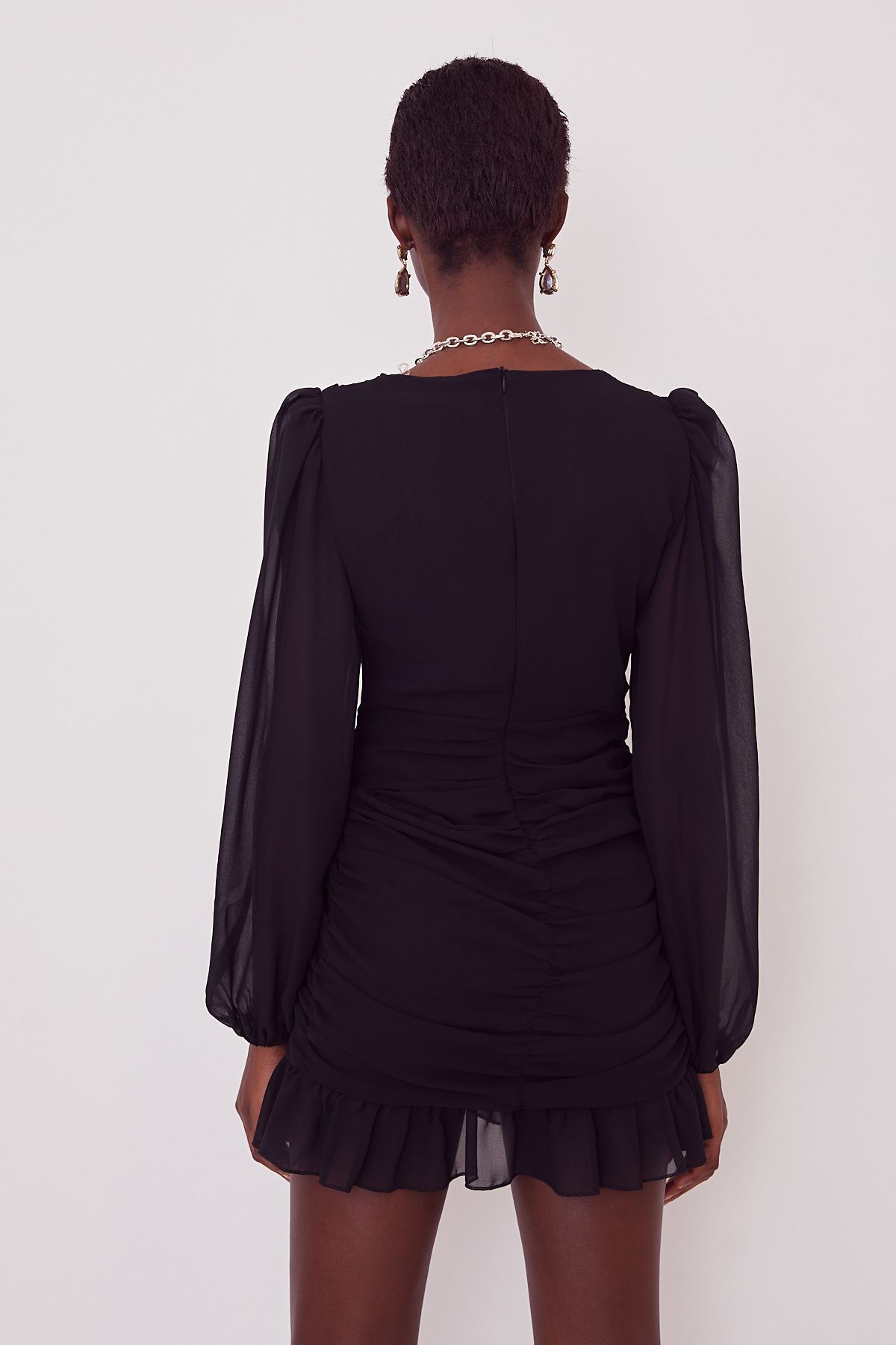 Kruvaze Yaka Büzgülü Elbise-Siyah