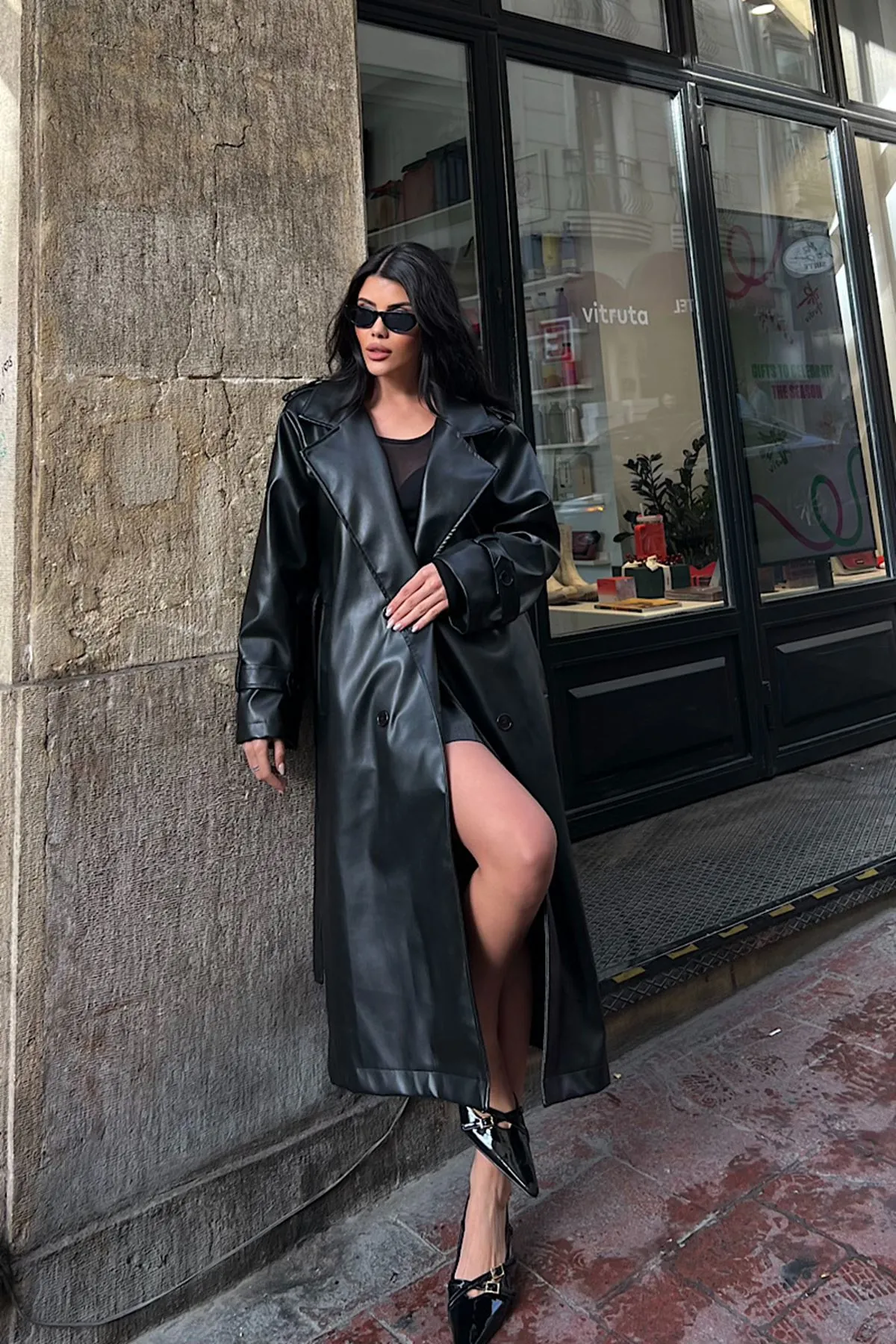 Oversize Deri Trençkot Siyah
