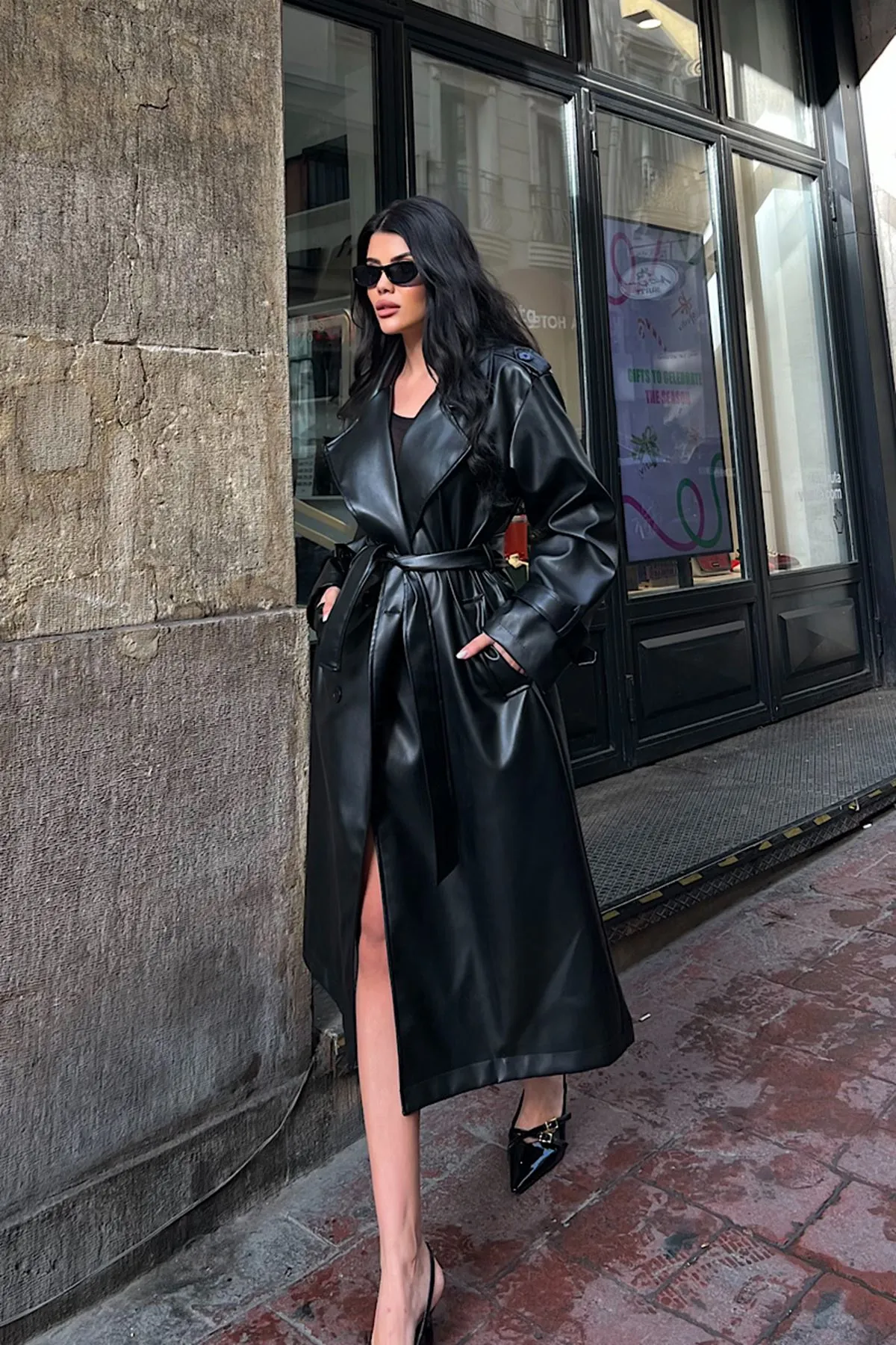 Oversize Deri Trençkot Siyah