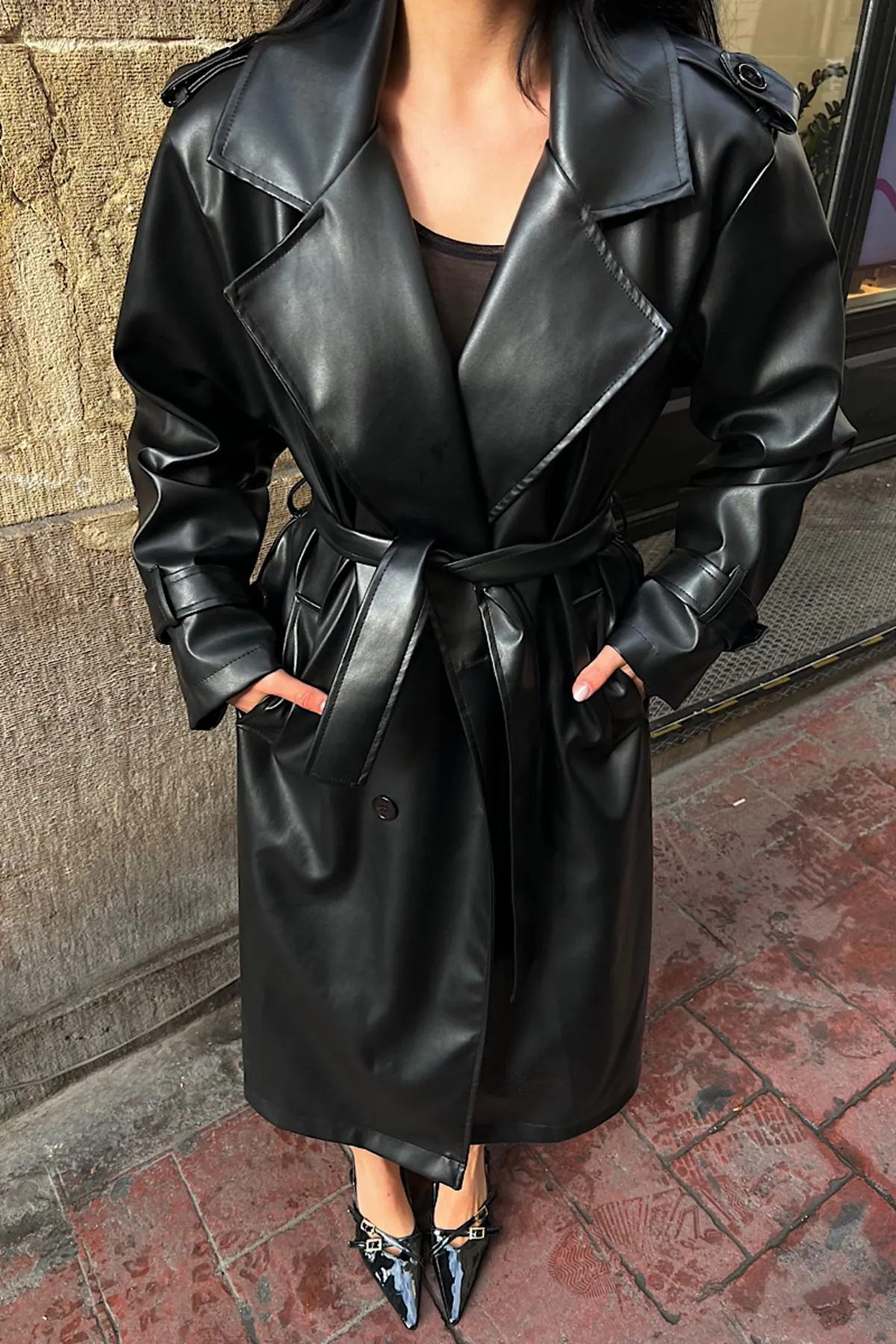 Oversize Deri Trençkot Siyah