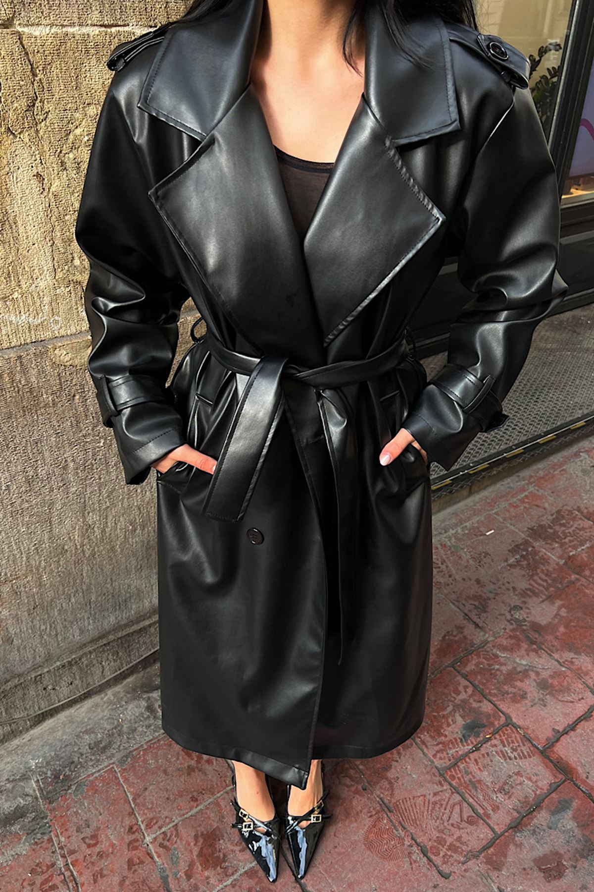 Oversize Deri Trençkot