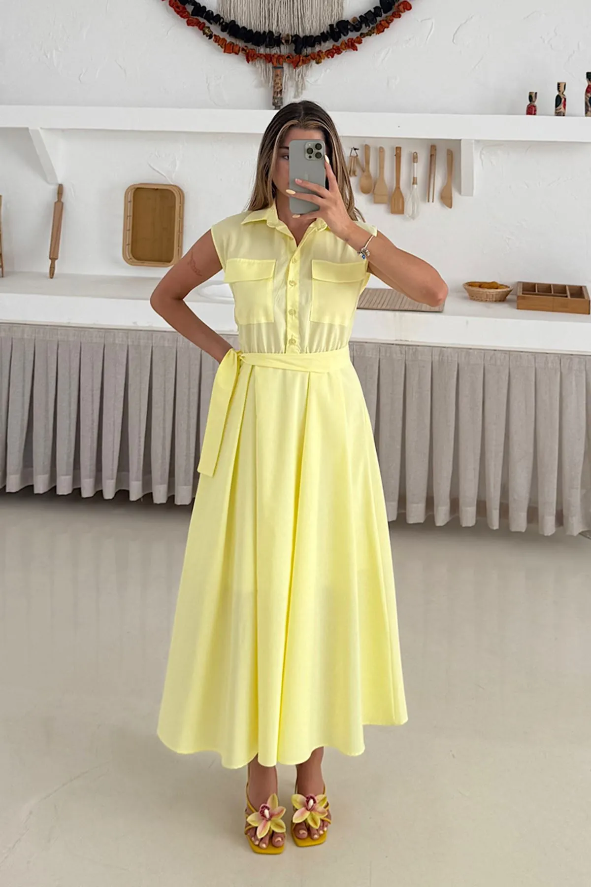 Basic Poplin Elbise Sarı
