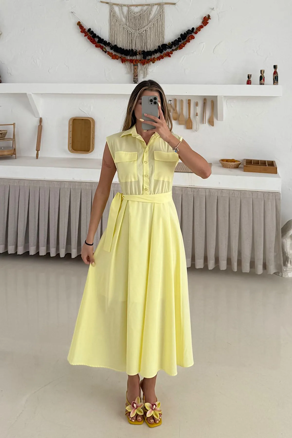 Basic Poplin Elbise Sarı