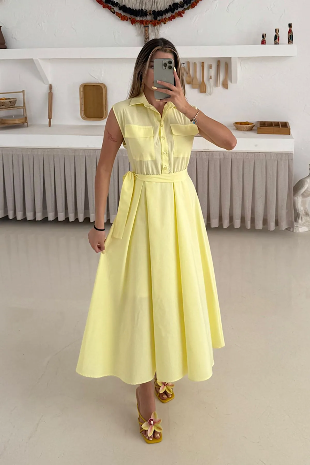 Basic Poplin Elbise Sarı