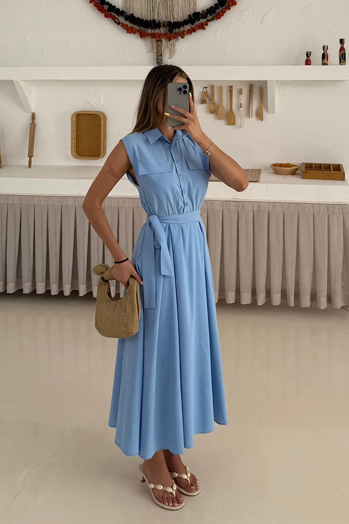 Basic Poplin Elbise Mavi
