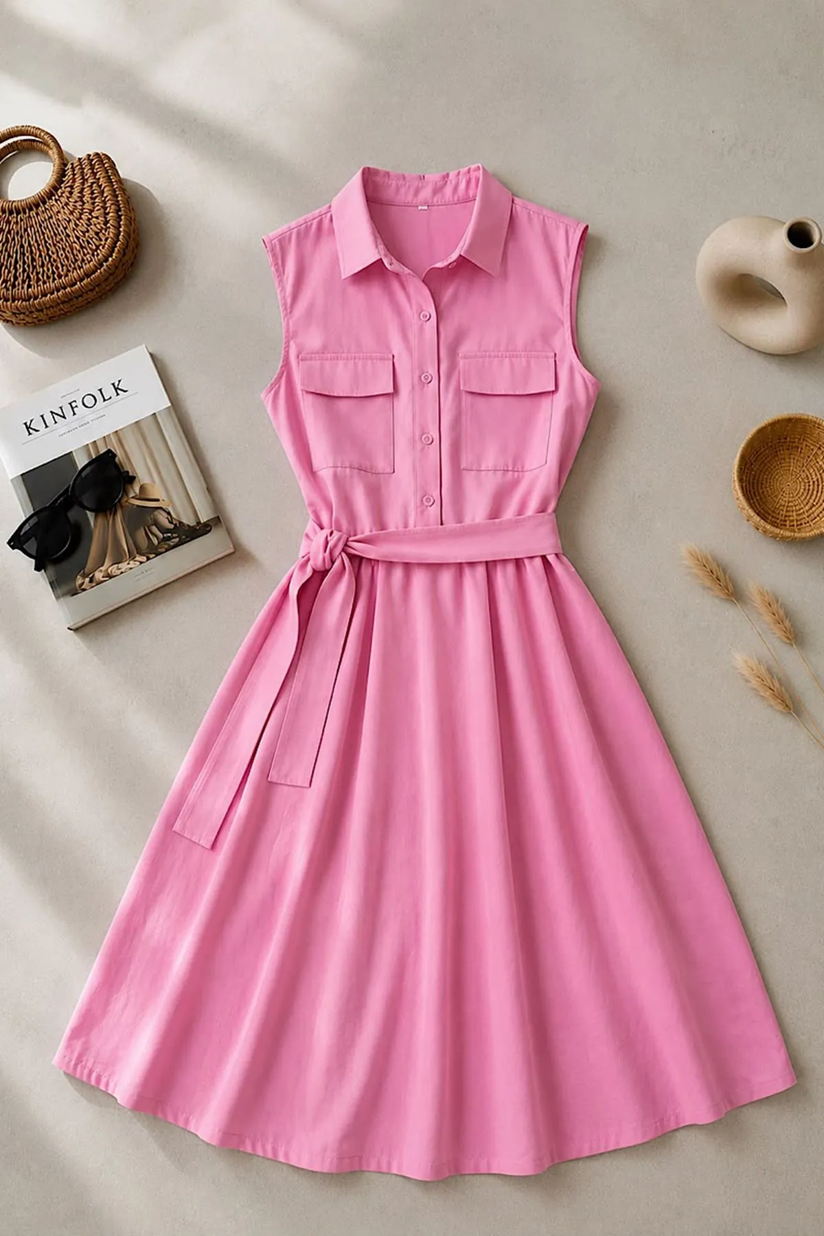 Basic Poplin Elbise Pembe
