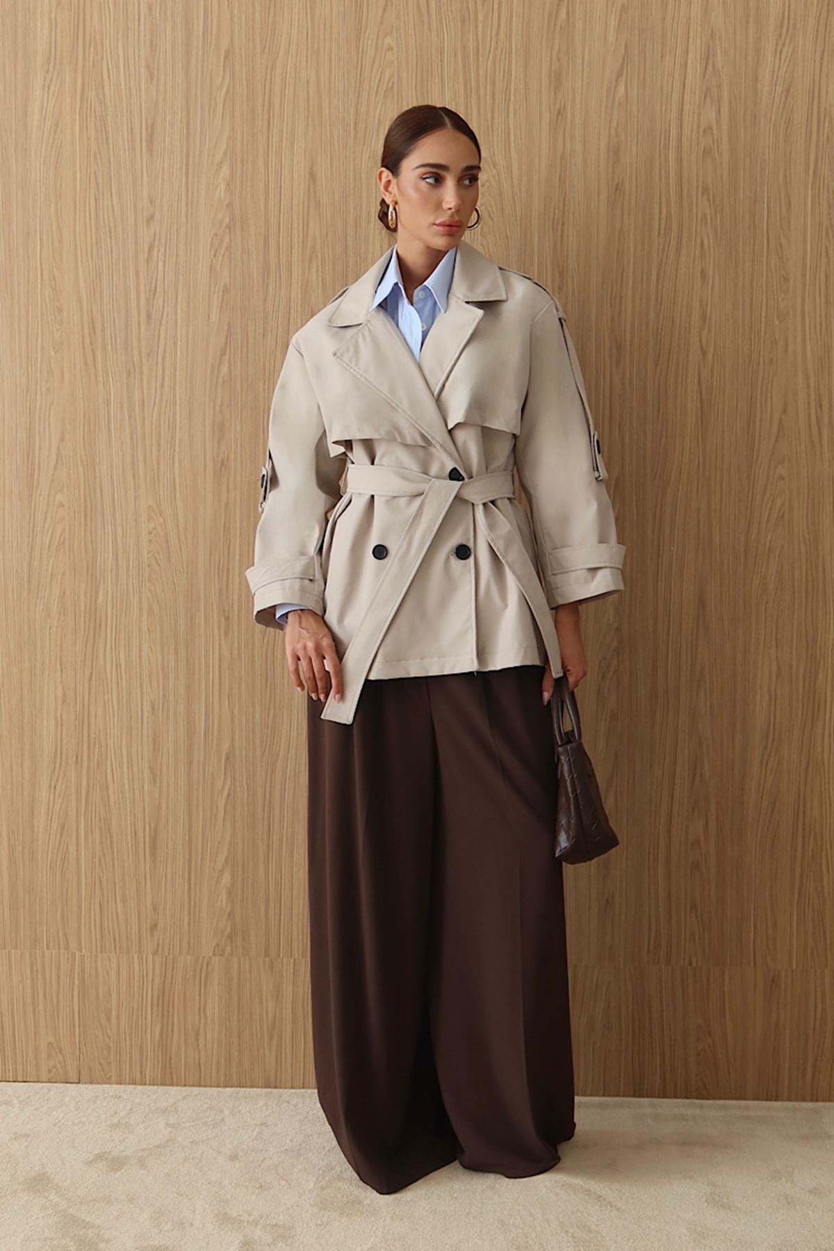 Kemerli Oversize Kısa Trençkot Bej