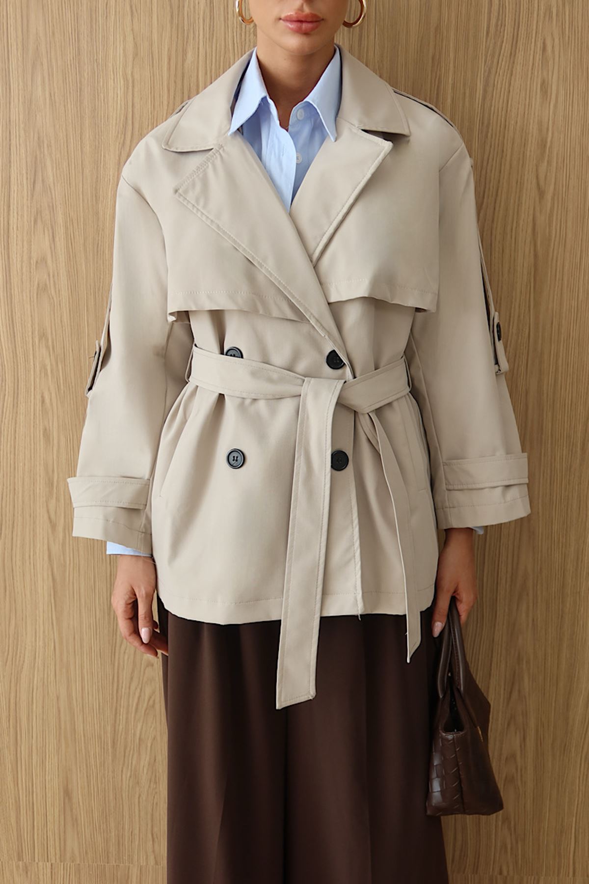 Kemerli Oversize Kısa Trençkot Bej