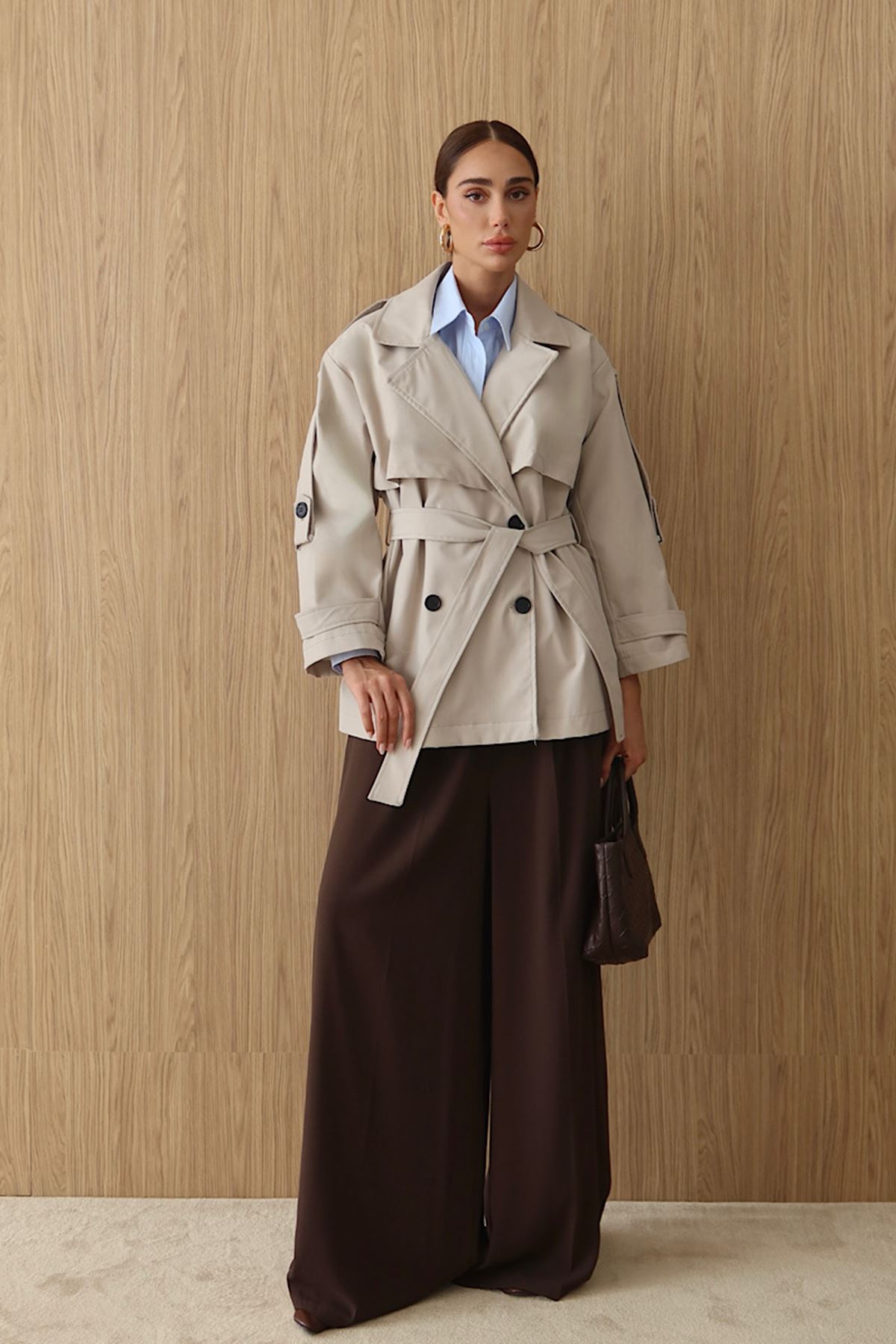 Kemerli Oversize Kısa Trençkot Bej