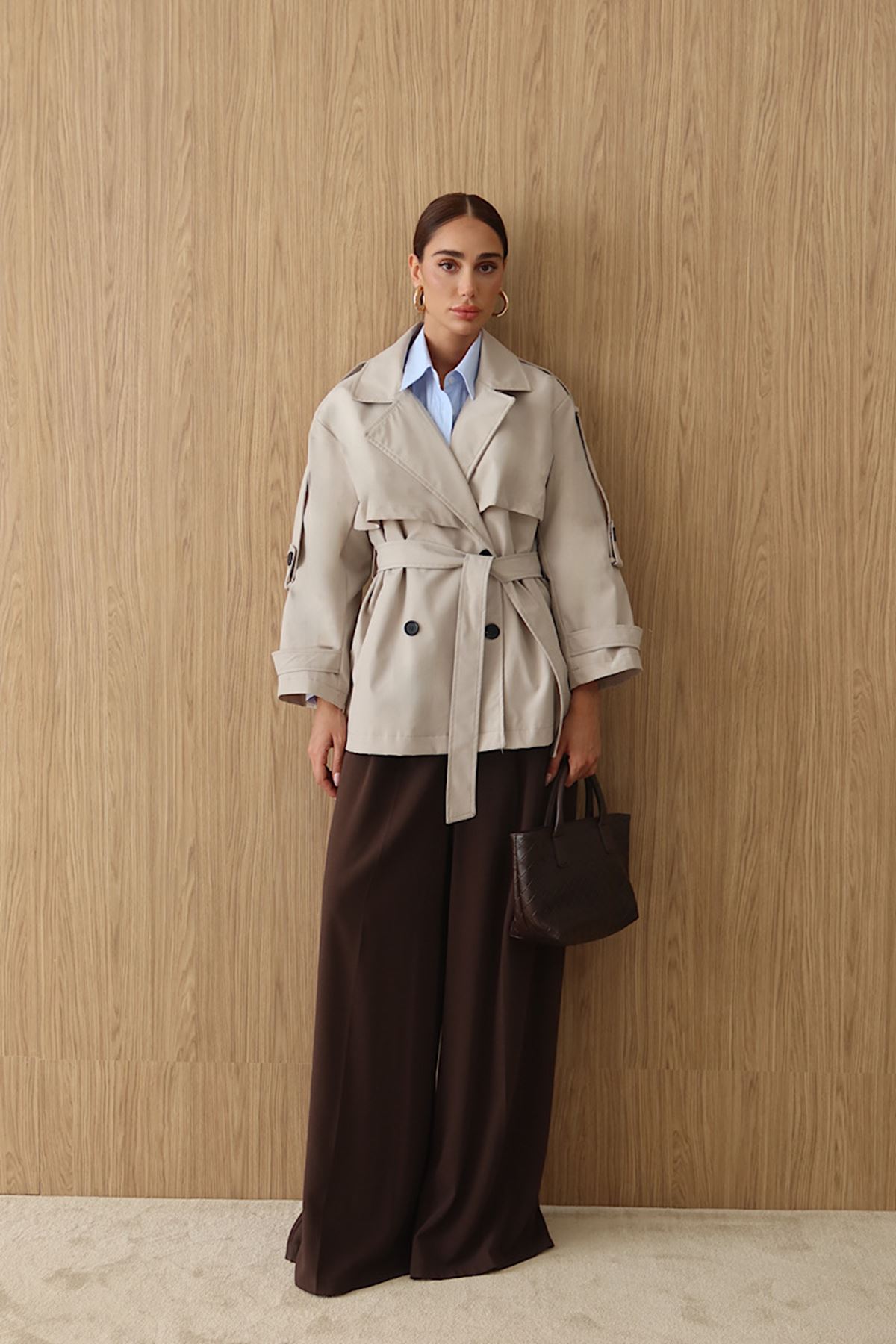 Kemerli Oversize Kısa Trençkot Bej