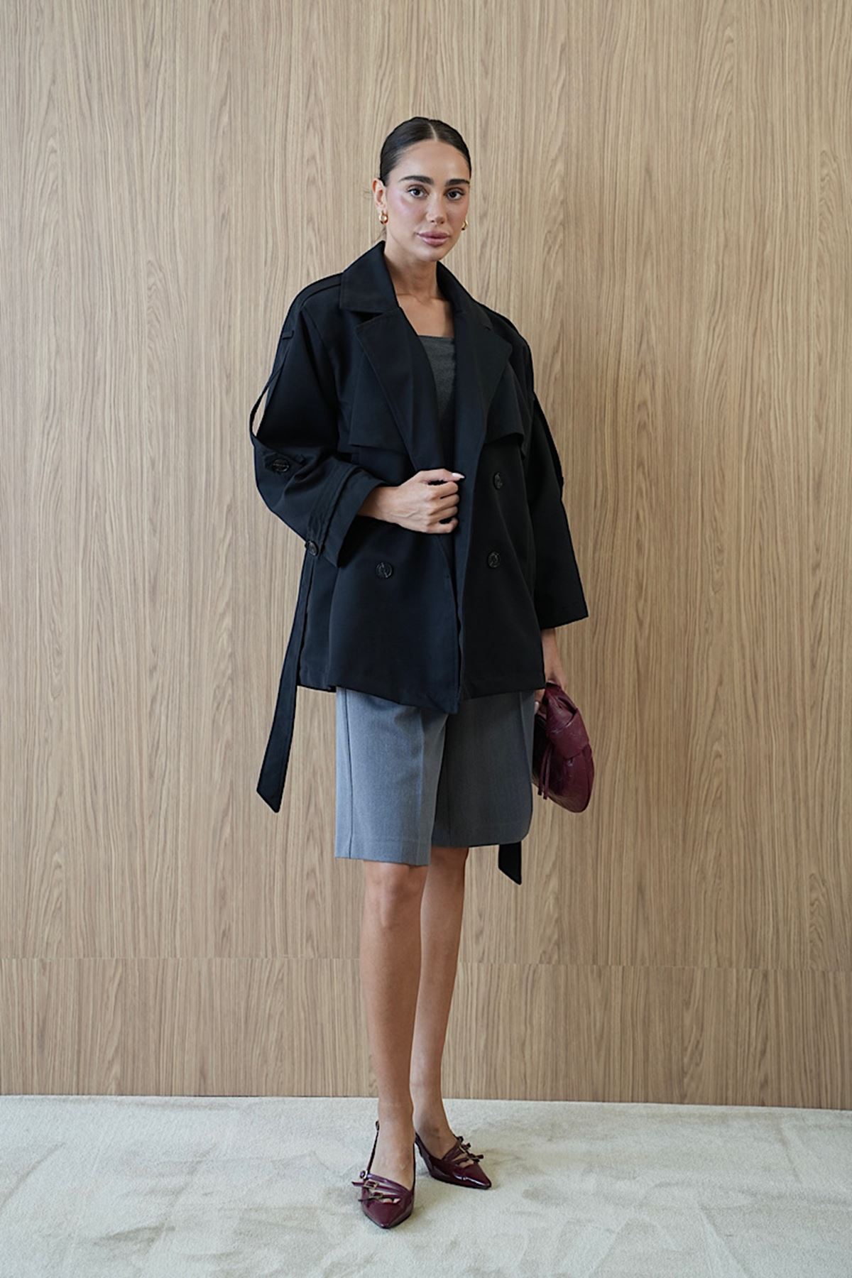 Kemerli Oversize Kısa Trençkot Siyah