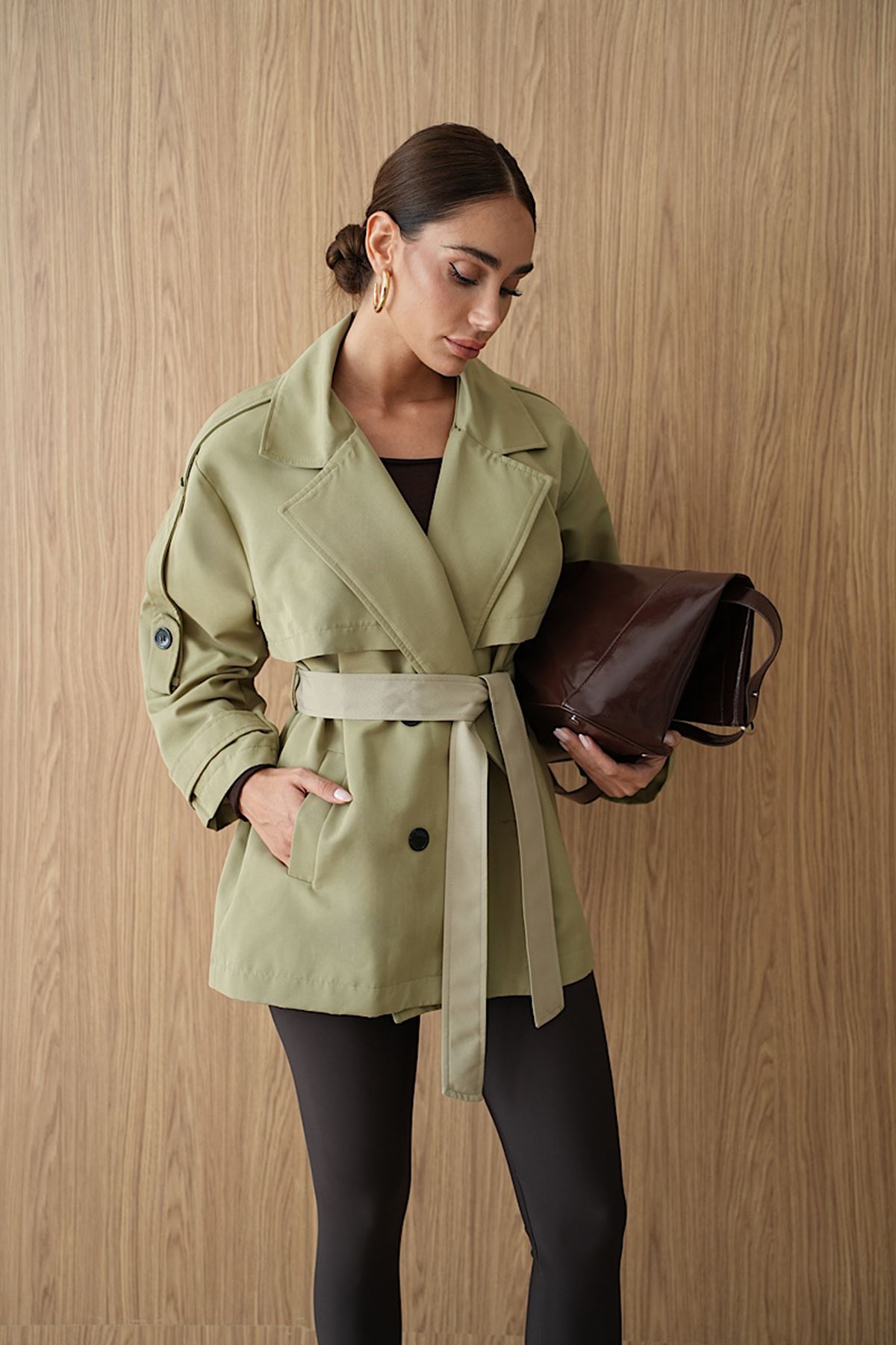 Kemerli Oversize Kısa Trençkot Haki