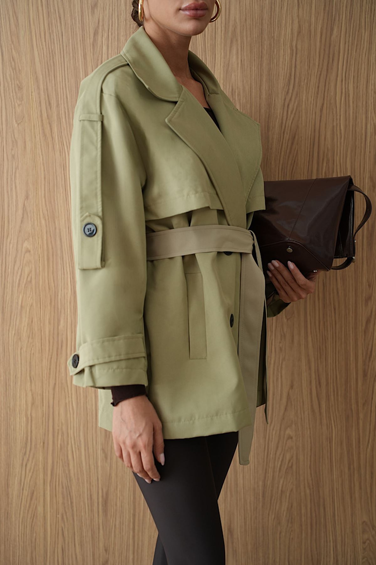 Kemerli Oversize Kısa Trençkot Haki