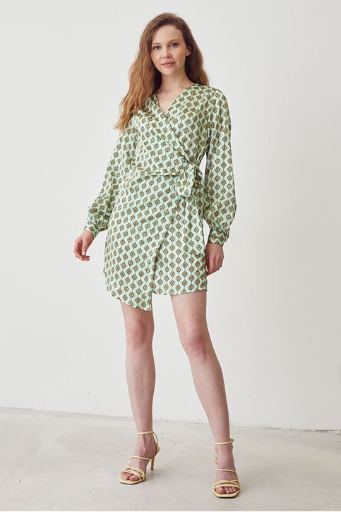 Bağlamalı Saten Elbise-Yeşil