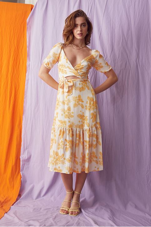 Çiçek Desenli Kuşaklı Elbise-Sarı