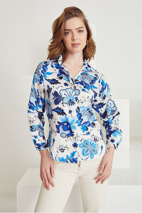 Desenli Saten Gömlek-Mavi