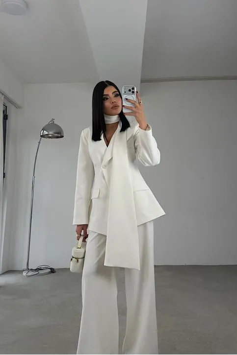 Modern Şal Yaka Takım Beyaz