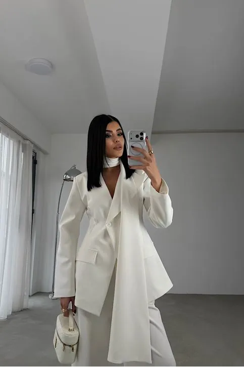 Modern Şal Yaka Takım Beyaz