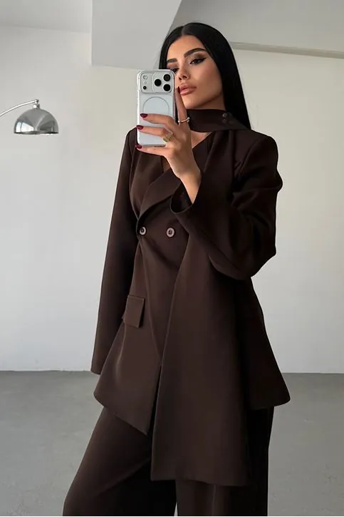 Modern Şal Yaka Takım Kahverengi