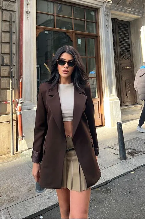 Çizgi Astarlı Ceket Kahve