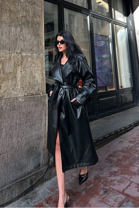 Oversize Deri Trençkot Siyah