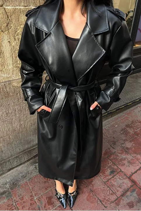 Oversize Deri Trençkot Siyah