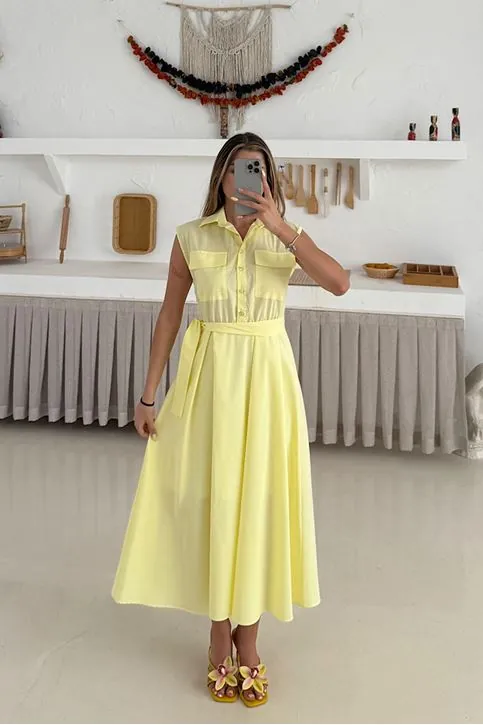 Basic Poplin Elbise Sarı