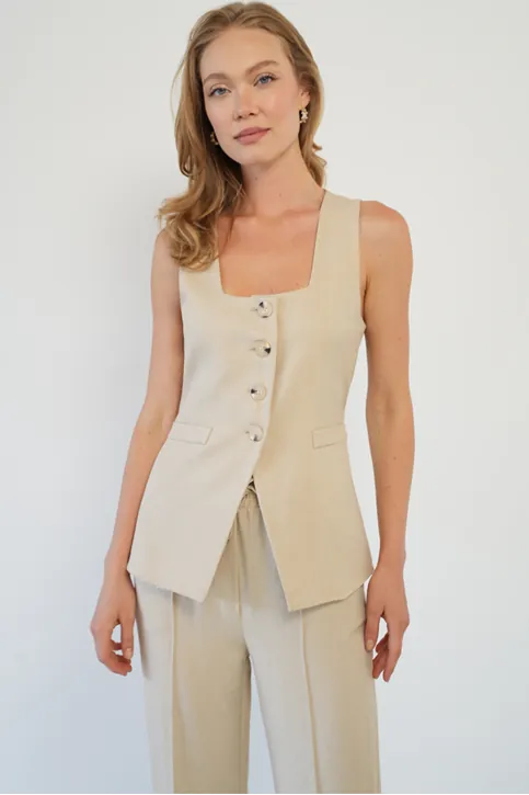 Modern Yelekli İkili Takım Bej
