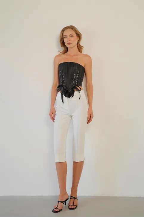 Bağlama Detaylı Straplez Crop Top - Korsaj Görünümlü Fiyonk Detaylı Şık Kadın Bluzu Siyah