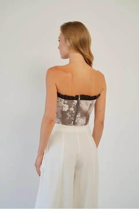 Bağlama Detaylı Straplez Crop Top - Korsaj Görünümlü Fiyonk Detaylı Şık Kadın Bluzu Kahverengi