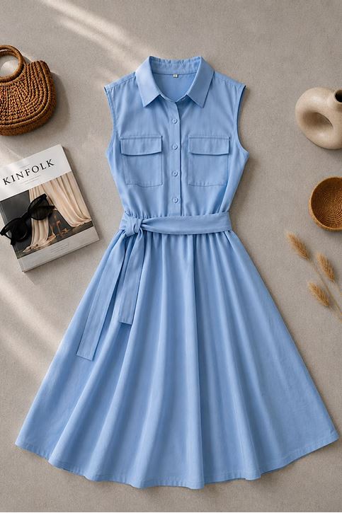 Basic Poplin Elbise Mavi