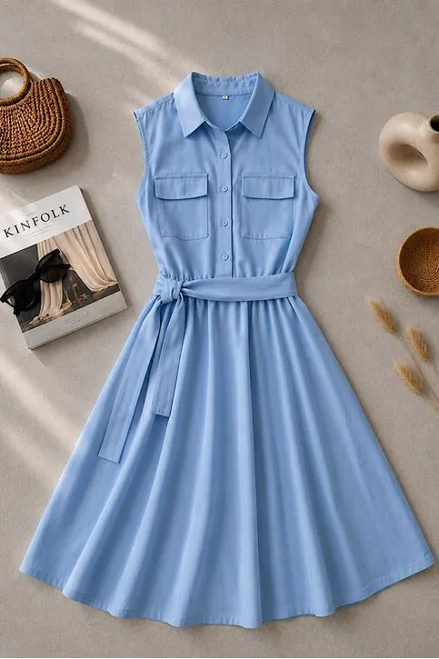 Basic Poplin Elbise Mavi
